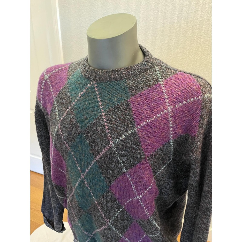 Wool Sweater Mens L Purple Fair Vintage Argyle Made Ireland Christopher Hayes